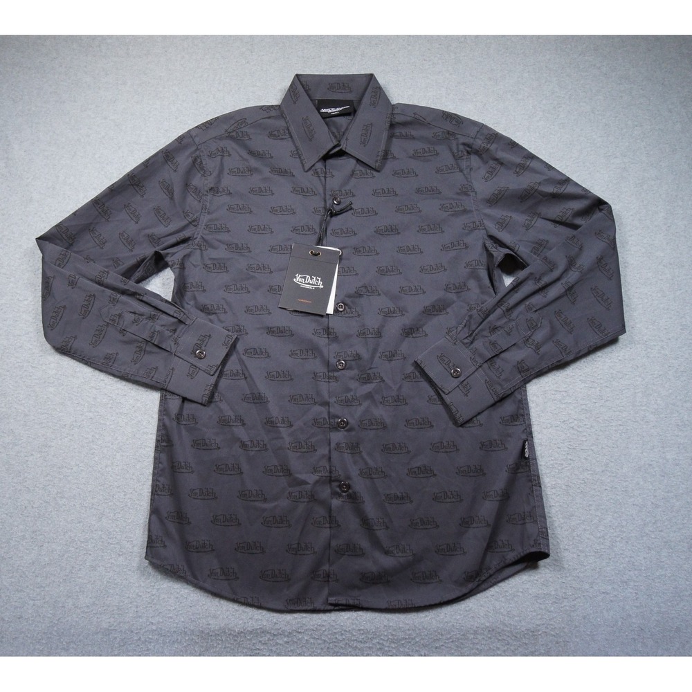 Von Dutch Shirt Mens Small Gray Button Up Long Sleeve All Over Print Logo NEW